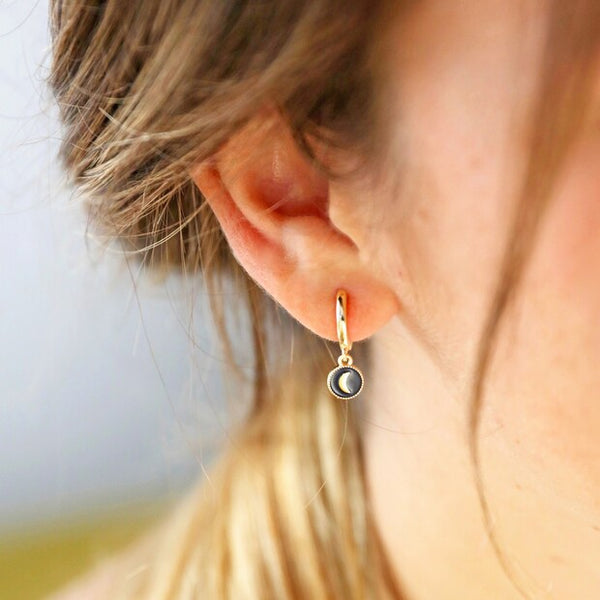Navy Enamel Moon Charm Huggie Hoops in Gol