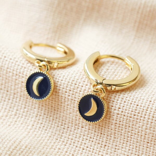 Navy Enamel Moon Charm Huggie Hoops in Gol
