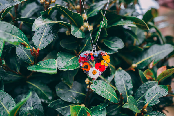 Silver Necklace - Mixed flower - Lg Heart