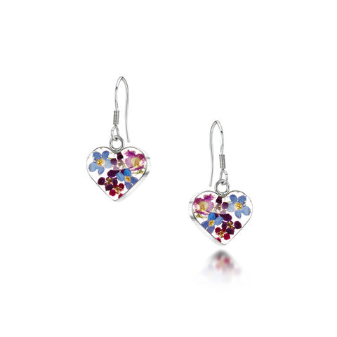 Purple haze silver drop earrings, heart shape