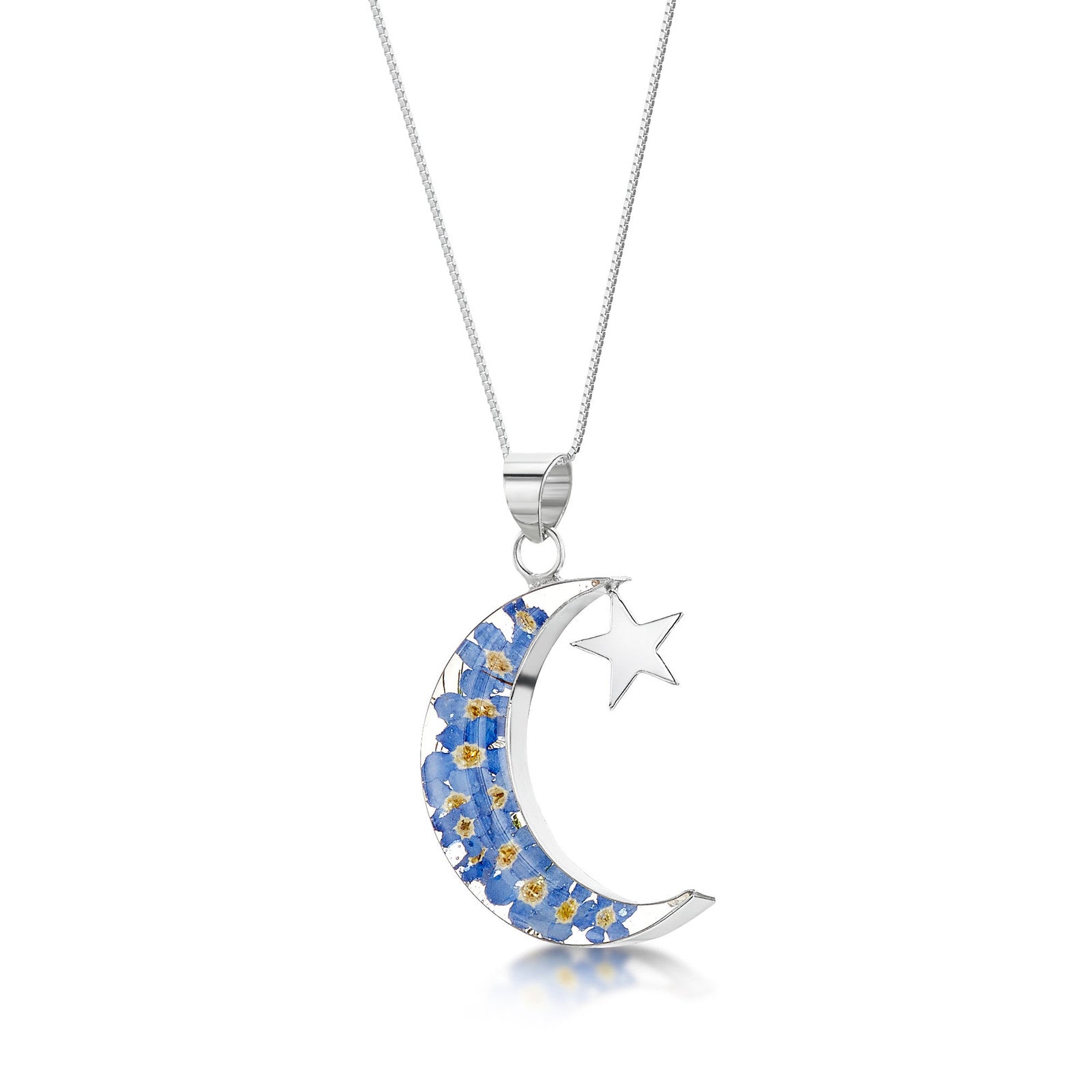 Sterling Silver Necklace - Forget me not - Moon and Star