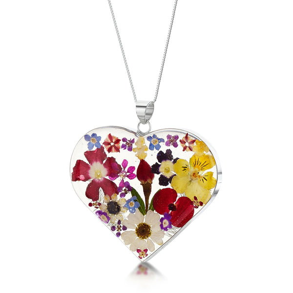 Silver Necklace - Mixed flower - Lg Heart