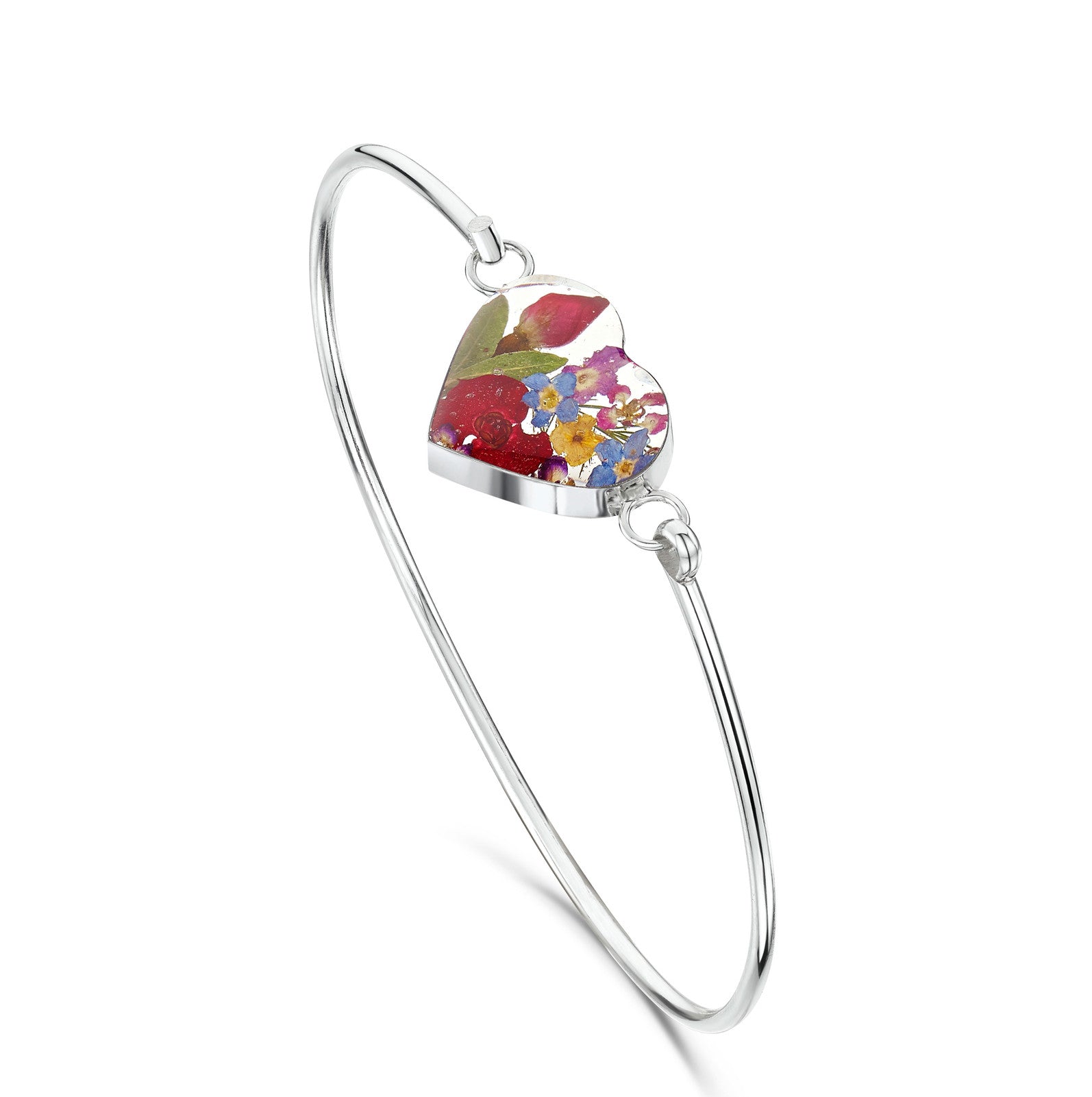 Silver Bangle - Mixed flowers - Heart
