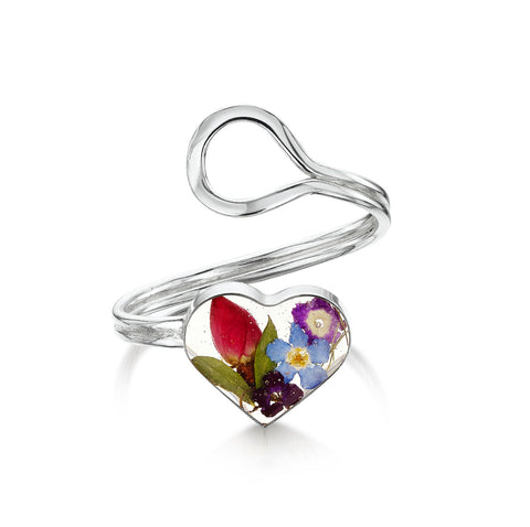 Silver ring (adjustable) - Mixed Flowers - Heart