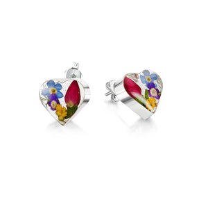 Silver stud Earrings - Mixed flowers + yellow - Small heart