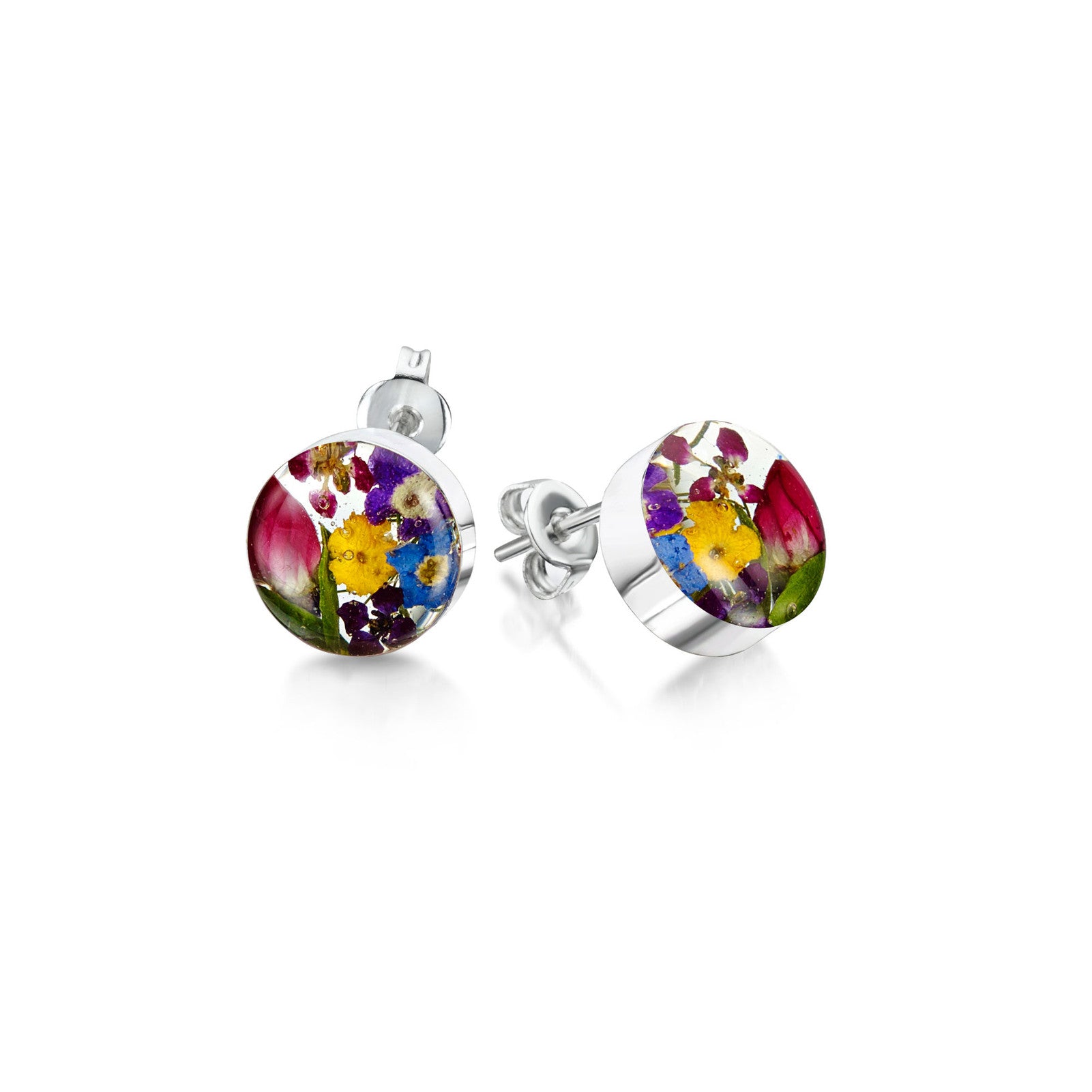 Silver stud Earrings - Mixed flowers + yellow - Small round