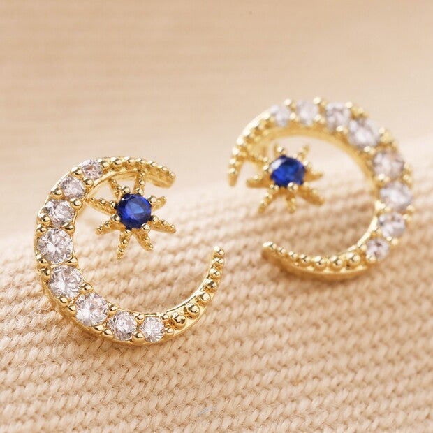 Lisa Angel Clear and Blue Crystal Moon Stud Earrings in Gold