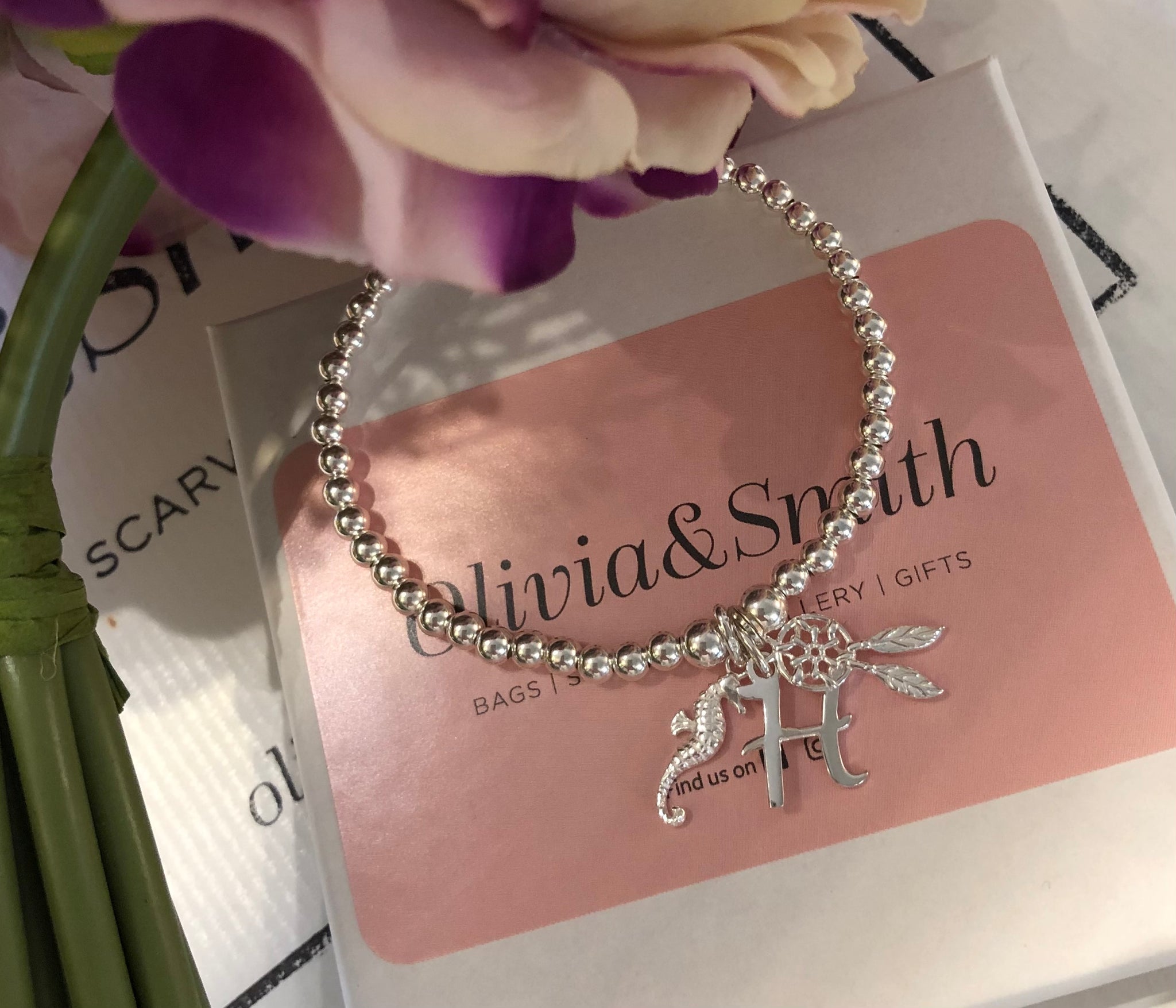 3 charm bracelet, Initial, Dreamcatcher and Seahorse
