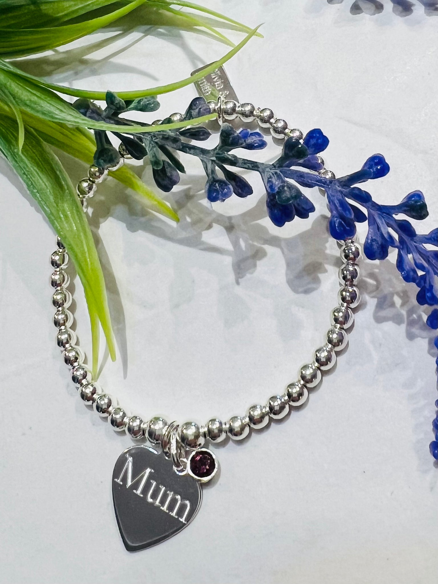 Sterling silver engraved bracelet with birthstone charm