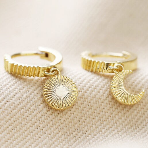 Moon and Sun Huggie Hoop Earrings in Gold